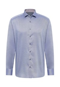 Blauwe langemouwen button-down shirt van geweven stof, met een subtiel patroon, contrasterende binnenkraag en zes knopen aan de voorkant.