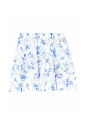 Hvid nederdel med blåt blomster- og stribet mønster, med flæser og elastisk talje.