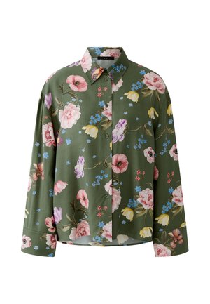 Grüne Bluse mit Knöpfen und langen Ärmeln, mit einem Blumenmuster in Pink, Gelb, Blau und Lila.