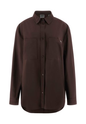 Donkerbruin shirt met lange mouwen van gladde stof, met een knoopsluiting aan de voorkant, een kraag en twee borstzakken. Subtiel logo op de linkerzak.