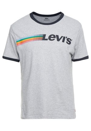 Szara bawełniana koszulka z okrągłym dekoltem, granatowym wykończeniem i kolorowym logo Levi's na piersi. Krótkie rękawy.