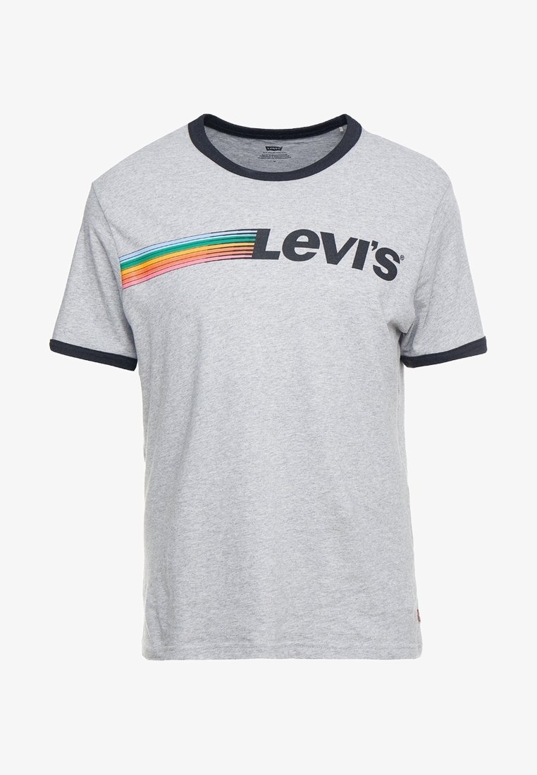T-shirt en coton gris avec un col rond, des finitions navy et un logo Levi's multicolore sur la poitrine. Manches courtes.