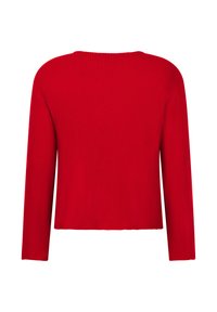 Rode geribbelde gebreide trui met lange mouwen, cropped ontwerp en ronde halslijn. Soepele textuur met een consistent patroon doorheen.