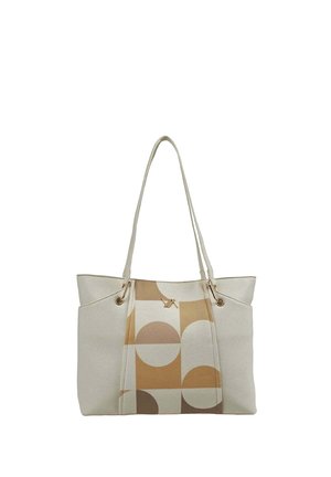 Bolso tote crema con asas largas y patrón geométrico de círculos en cuarto y bloques en tonos marrón claro, beige y marrón en el panel delantero.