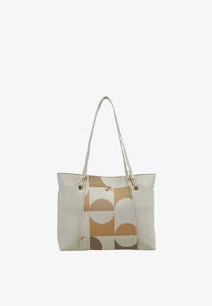 Bolso tote crema con asas largas y patrón geométrico de círculos en cuarto y bloques en tonos marrón claro, beige y marrón en el panel delantero.