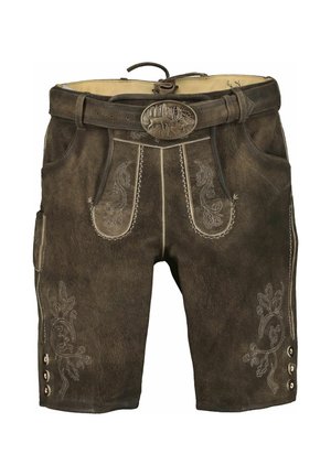 Brune lædertraditionelle lederhosen-shorts med dekorative hvide syninger og et bælte med en oval spænde med et hjortemotiv.
