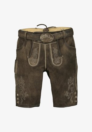 Braune Leder traditionelle Lederhosen-Shorts mit dekorativen weißen Nähten und einem Gürtel mit einer ovalen Schnalle mit Hirschmotiv.