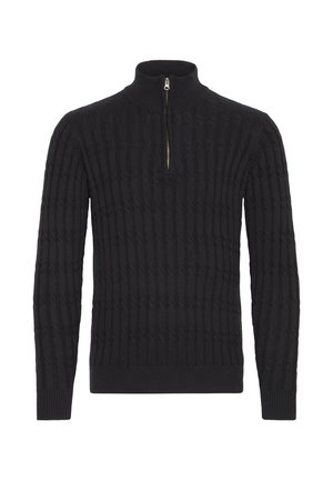 Schwarzer Strickpullover mit hohem Kragen und Viertel-Reißverschluss. Verfügt über ein strukturiertes Rippmuster und lange Ärmel. Einfaches und figurbetontes Design.