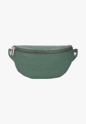 Sac banane en cuir synthétique vert imitation crocodile avec fermeture éclair argentée et œillets métalliques de chaque côté.