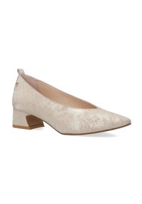 Beige textured block-heeled pump with a pointed toe and soft finish. Features a small back tab and minimalistic design details.
