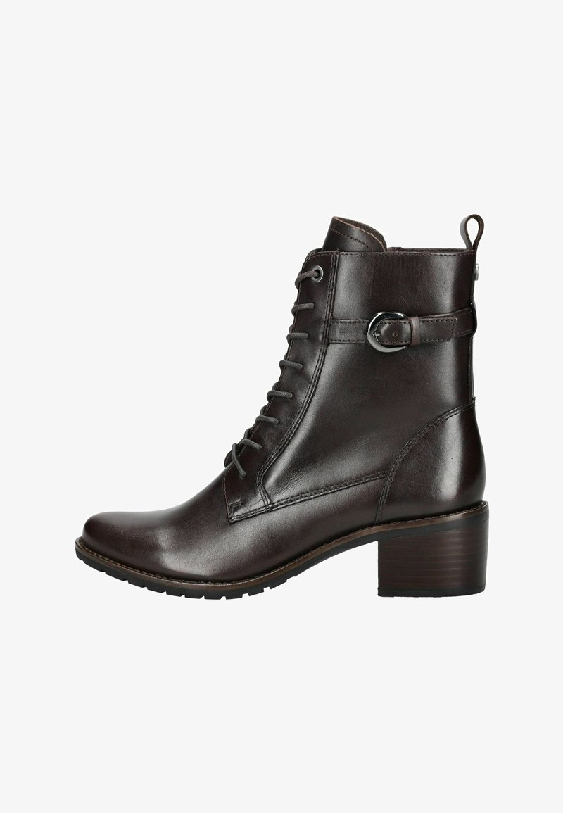 Stivale alla caviglia in pelle marrone scuro con lacci frontalmente, dettaglio con fibbia laterale, linguetta sul retro e tacco a blocco impilato.