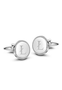 Cufflinks w srebrnym wykończeniu o okrągłym kształcie, z polerowaną powierzchnią i wygrawerowanym 'L', otoczone teksturowaną ramką z małymi akcentami.