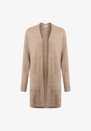 Beżowy długi kardigan z otwartym przodem, posiadający dwie przednie kieszenie, ściągacze na rękawach i miękką dzianinową fakturę.