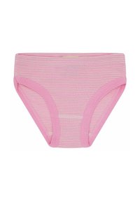Rosa gestreifte Baumwollslips mit weicher Textur, elastischem Bund und genähten Kanten. Einfaches Design, keine auffälligen Muster oder Akzente.