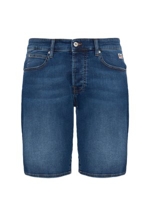 Pantaloni corti in denim blu scuro con taglio classico. Presentano cinque tasche, passanti per cintura e cuciture a contrasto. Texture liscia e bordi puliti.