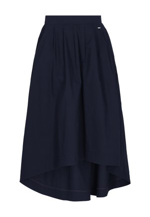 Marineblaue Rock mit hohem Bund und Falten, weiter A-Linien-Form und asymmetrischem Saum, der hinten länger ist.