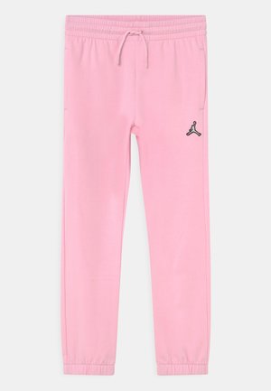 Pantalones de chándal rosas con cintura y puños elásticos, con cordón ajustable y pequeño logo negro de Jumpman en la parte superior del muslo izquierdo.