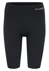 Black knee-length leggings made of textured fabric with a wide waistband, featuring a silver logo at the top.