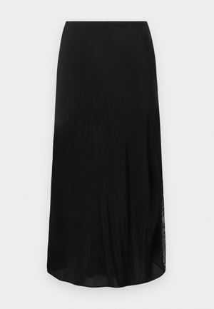 Jupe midi noire en tissu léger et lisse. Présente un subtil accent en dentelle sur un côté, créant une silhouette raffinée et fluide.