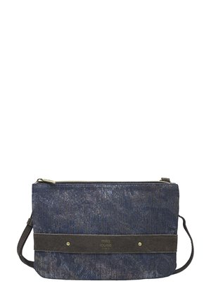 Petit sac bandoulière rectangulaire bleu marine avec un motif texturé, une sangle horizontale foncée, une fermeture éclair dorée et le logo "mila louise Paris".