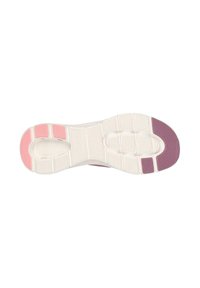 Suela de zapato en goma blanca con acentos en rosa y púrpura. Presenta una banda de rodadura texturizada para un mejor agarre, junto con un diseño suave y redondeado.