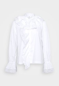 Witte blouse met lange mouwen en gerimpelde kanten rand langs de kraag, voorkant en manchetten, voorzien van een knoopsluiting aan de voorkant en geplooide mouwen.