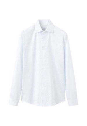 Hellblaues Hemd mit dezenten vertikalen Streifen, langen Ärmeln, klassischem Kragen und geradem Saum. Hergestellt aus glattem Stoff.