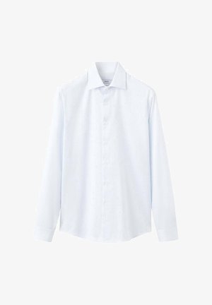 Chemise bleue claire à boutons avec des rayures verticales subtiles, manches longues, col classique et ourlet droit. Fabriquée en tissu lisse.