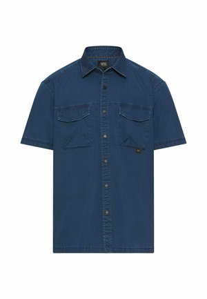 Chemise en denim bleu foncé à manches courtes avec boutons sur le devant, deux poches poitrine avec rabats et col pointu.