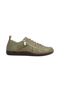 Chaussure décontractée vert olive avec semelle marron, lacets beiges, accents de surpiqûres rouges, fermeture éclair latérale et logo de la marque sur le talon.