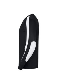 Maglietta nera a maniche lunghe con una striscia diagonale bianca, gomito imbottito e bottoni decorativi sui polsini. Realizzata in tessuto leggero e elasticizzato.