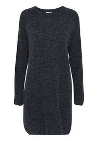 Pull-over en tricot texturé gris foncé à manches longues. Il présente un col rond et une silhouette décontractée, légèrement fuselée.