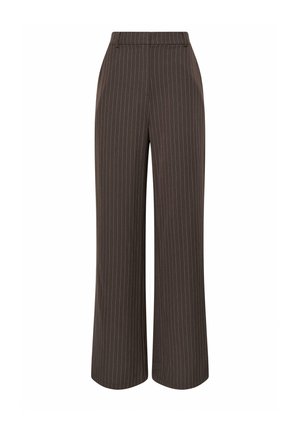 Donkerbruine wijd uitlopende broek met hoge taille en dunne witte verticale krijtstrepen, met een getailleerde voorkant en riemlussen.