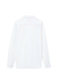 Camicia bianca a maniche lunghe vista da dietro, con polsini abbottonati e colletto classico, su sfondo bianco uniforme.