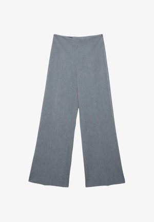 Graue Hosen mit weitem Bein und gerippter Struktur, mit hoher Taille und bodenlangem Schnitt. Hergestellt aus weichem, flexiblem Material.