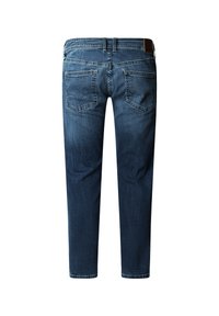 Jean en denim bleu foncé avec une coupe droite, présentant deux poches arrière et une patch en cuir au niveau de la taille. Texture lisse et design soigné.