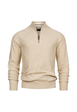 Beige zip-up genser laget av teksturert strikket stoff. Har en høy krage og ribbestrikkede mansjetter. Tett passform med en jevn finish.