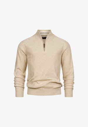 Beige ritsvest gemaakt van een gestructureerde brei stof. Heeft een hoge kraag en geribbelde manchetten. Strak aansluitend ontwerp met een gladde afwerking.