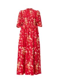 Robe midi rouge à fleurs avec corsage smocké, manches courtes volantes et col montant sur fond blanc.