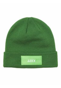 Beanie verde a maglia con risvolto e una toppa rettangolare di un verde chiaro con il testo bianco "JJXX". Texture morbida e vestibilità aderente.