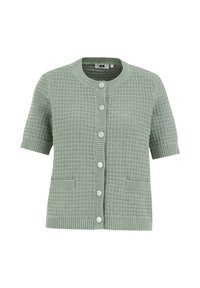 Cardigan à manches courtes, boutonné, de couleur vert clair, présentant un motif de tricot texturé, des poignets côtelés et deux poches avant.