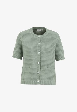 Cardigan à manches courtes, boutonné, de couleur vert clair, présentant un motif de tricot texturé, des poignets côtelés et deux poches avant.