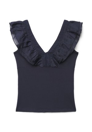 Terranova, TOP ADERENTE CON SCOLLO A V E VOLANT - T-shirt con stampa - blu scuro