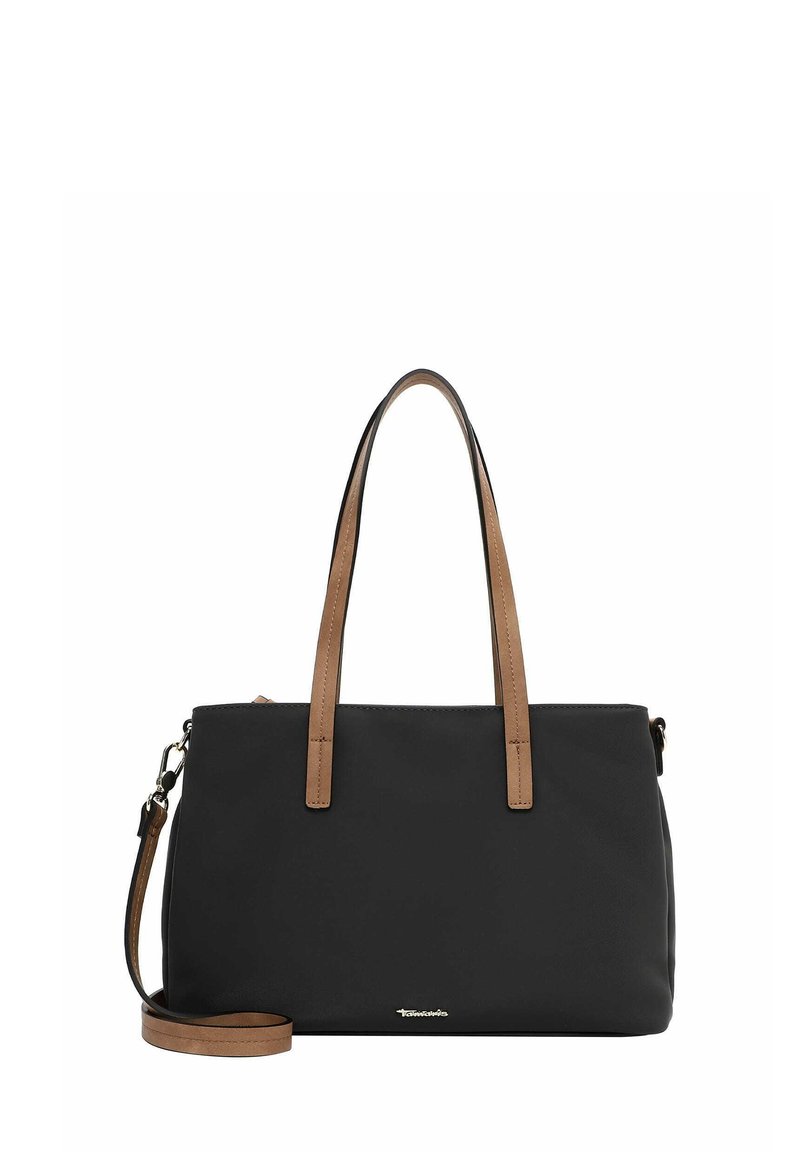 Borsa tote nera con manici in pelle marrone chiaro e una tracolla regolabile. Texture liscia con chiusura a zip e dettaglio del logo discreto.
