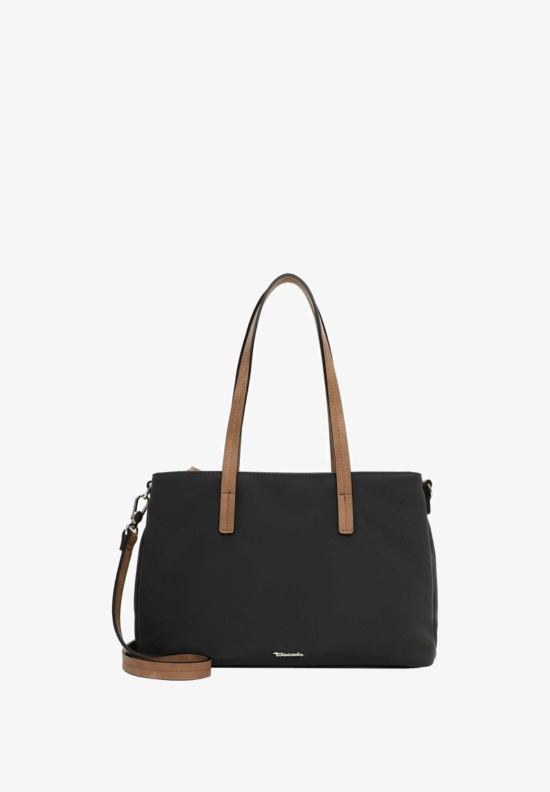 Borsa tote nera con manici in pelle marrone chiaro e una tracolla regolabile. Texture liscia con chiusura a zip e dettaglio del logo discreto.