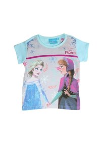 Chemise en coton à manches courtes mettant en vedette les personnages d'Elsa et Anna du film Disney La Reine des Neiges, avec des manches bleu pastel et un design imprimé avec des flocons de neige.