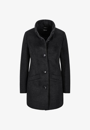 Schwarzer Wollmantel mit hohem Kragen, vorderem Knopfverschluss, zwei seitlichen Taschen und einer strukturierten Oberfläche.