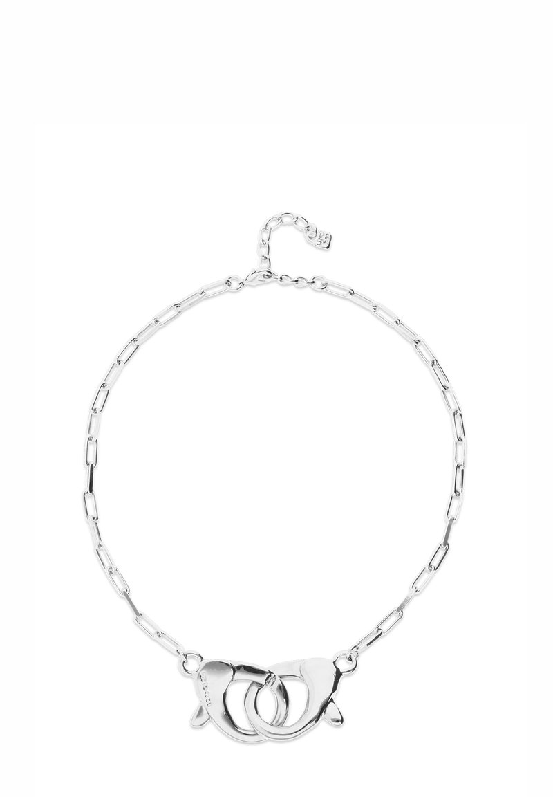 Bracelet en chaîne argentée présentant des formes circulaires liées comme pièce centrale. Le bracelet a une finition polie et un fermoir ajustable.