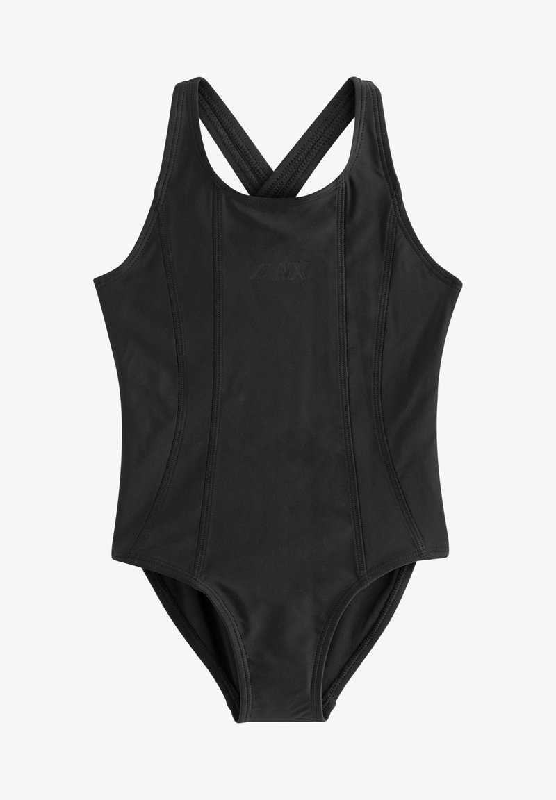 Maillot de bain une pièce noir au design classique, avec des bretelles croisées et un panneau texturé pour un ajustement sécurisé. Pas de logos visibles.
