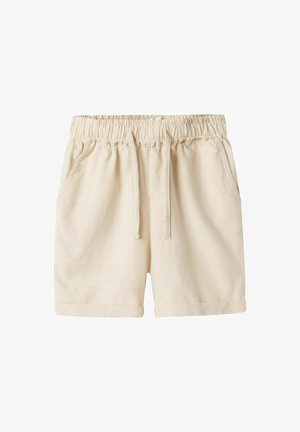 Beige cotton shorts with an elastic waistband, drawstring, and side pockets. Smooth texture and rolled hem detail.
